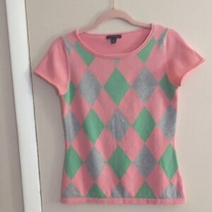 Tommy Hilfiger Pink Green Cotton Argyle Diamond Knit Top Sz S HTF